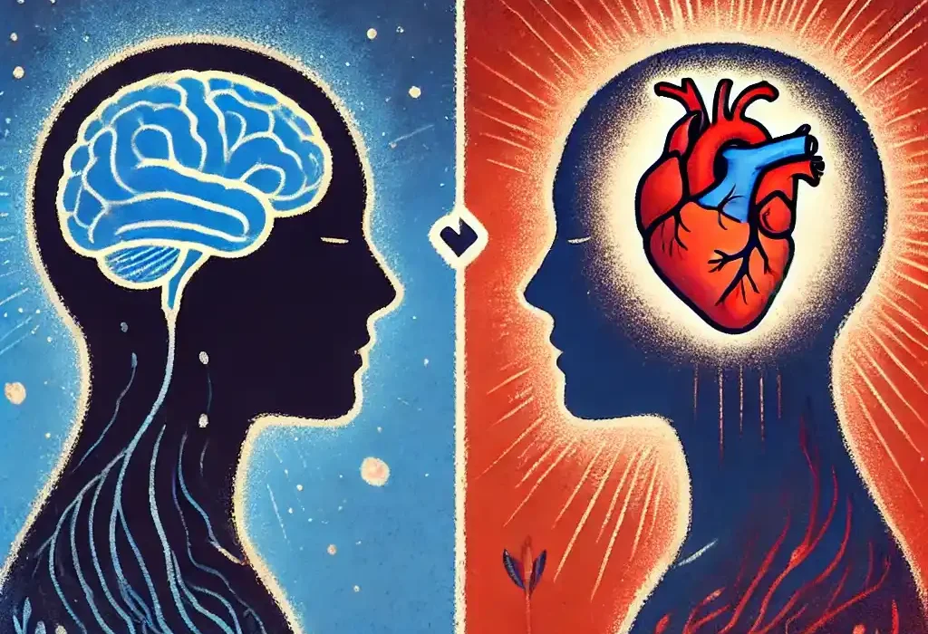 Uma ilustração conceitual representando a diferença entre razão e emoção_ de um lado, uma figura com um cérebro brilhante simbolizando lógica e racion