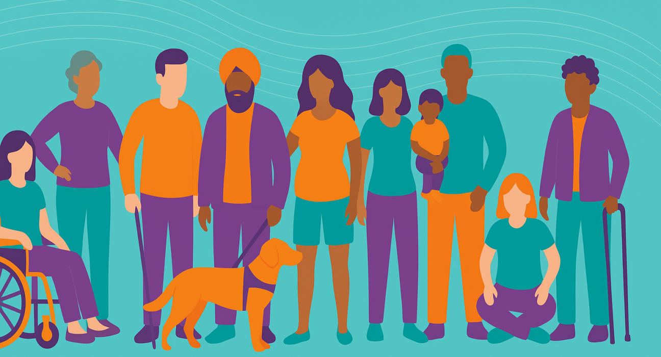 Imagem colorida em estilo digital mostrando um grupo diverso de pessoas, incluindo cadeirante, pessoa com cão-guia, indivíduo com bengala e outros personagens, representando a inclusão de pessoas com deficiência em diferentes contextos sociais.