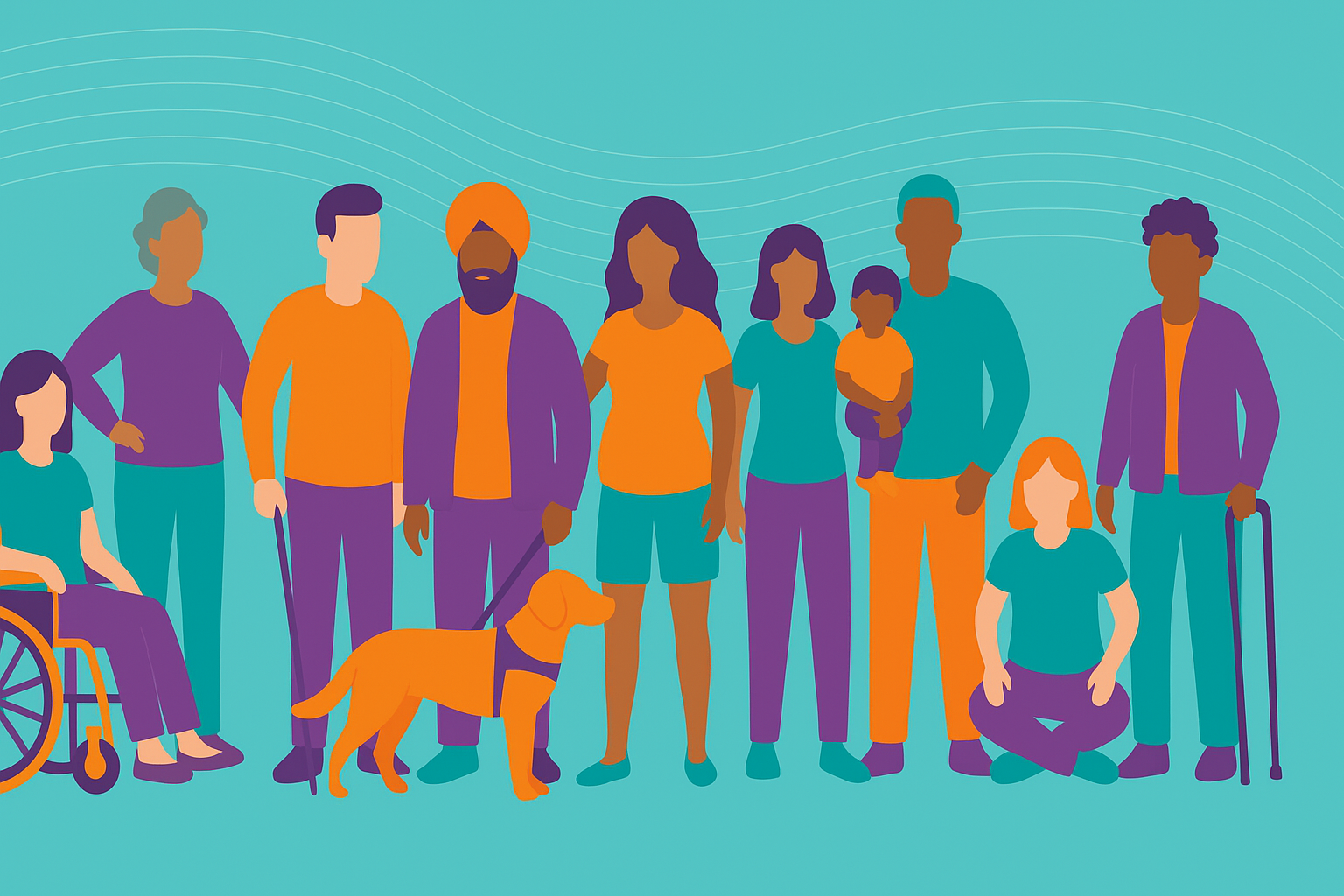 Imagem colorida em estilo digital mostrando um grupo diverso de pessoas, incluindo cadeirante, pessoa com cão-guia, indivíduo com bengala e outros personagens, representando a inclusão de pessoas com deficiência em diferentes contextos sociais.