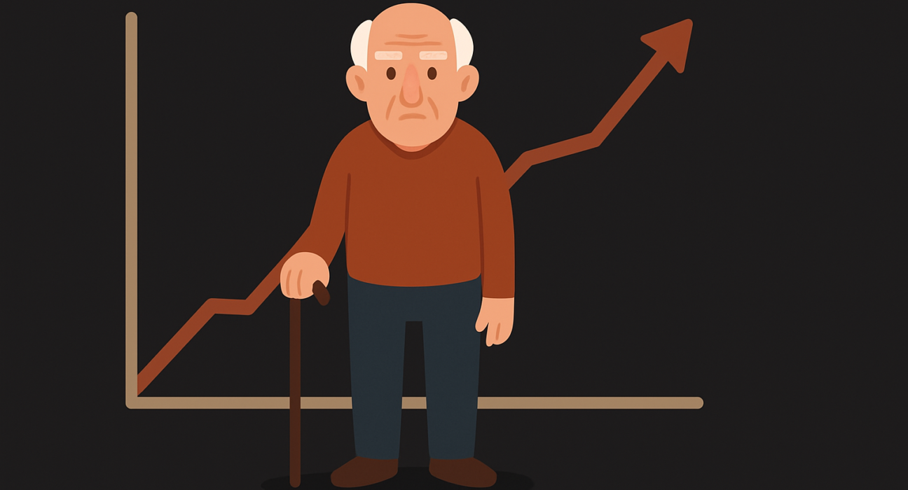 Desenho de um senhor idoso segurando uma bengala, posicionado à frente de um gráfico em linha ascendente que representa o crescimento da população idosa no Brasil.