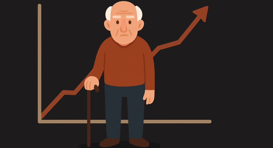 Desenho de um senhor idoso segurando uma bengala, posicionado à frente de um gráfico em linha ascendente que representa o crescimento da população idosa no Brasil.