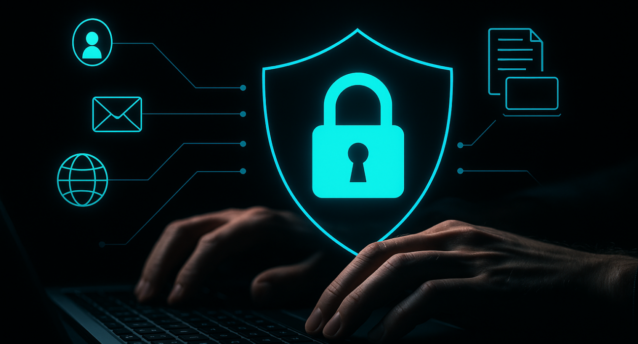 Mãos digitando em um teclado de laptop, com um escudo digital azul e um ícone de cadeado no centro, cercado por símbolos de e-mail, usuário, internet e documentos, representando segurança e privacidade de dados no ambiente digital.