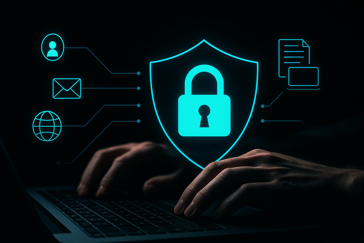 Mãos digitando em um teclado de laptop, com um escudo digital azul e um ícone de cadeado no centro, cercado por símbolos de e-mail, usuário, internet e documentos, representando segurança e privacidade de dados no ambiente digital.
