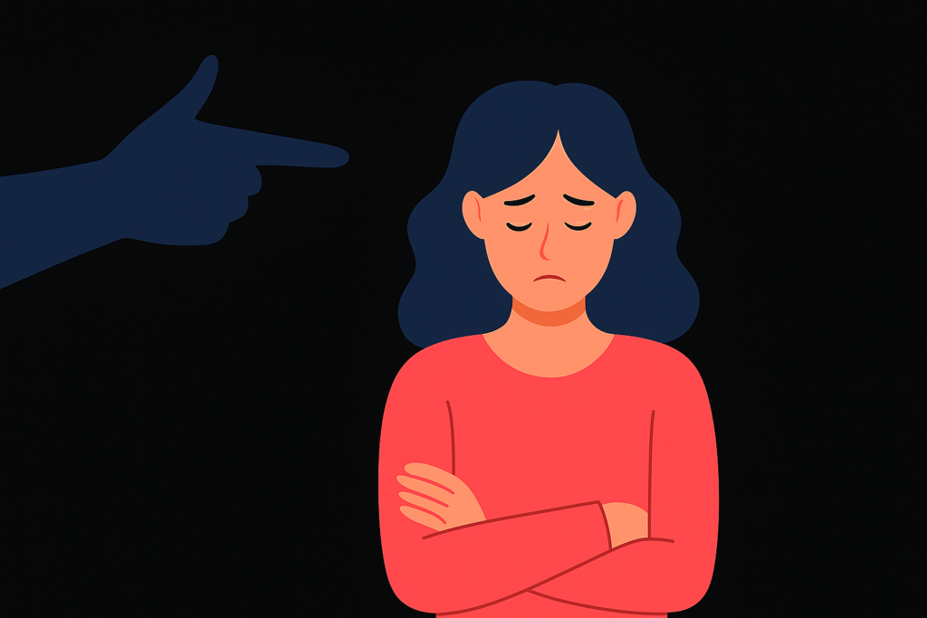 Ilustração digital em estilo flat mostrando uma mulher de cabelos pretos, com expressão triste e olhando para baixo. Ao fundo preto, há uma mão apontando diretamente para ela, simbolizando acusação, julgamento ou opressão.